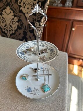 Two-Tier White and Blue Ceramic Jewelry or Dessert Stand 9” tall